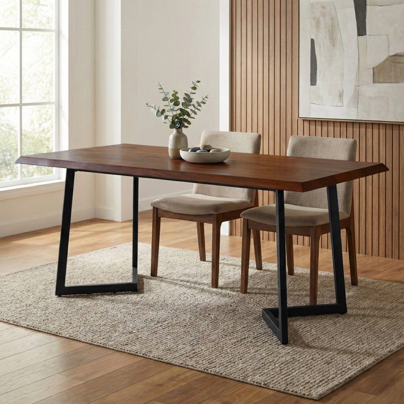 Hylan 72"W Solid Mango Wood Dining Table, Contemporary Style with Metal Legs, Seats 6, Dark Brown/Dark Brown