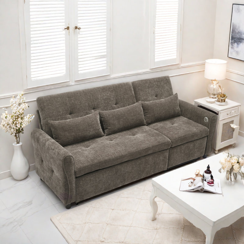 2-in-1 Three-seater Sofa With A Sofa Bed And A Reversible Recliner, Curved Armrests With Tufted Detailing And Usb Charging Ports