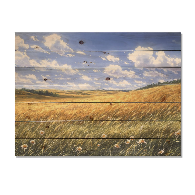 Meadow Golden Fields Of Corn III - Meadow Wood Wall Decor - On Natural Pine Wood, 34" H x 44" W x 0.78" D