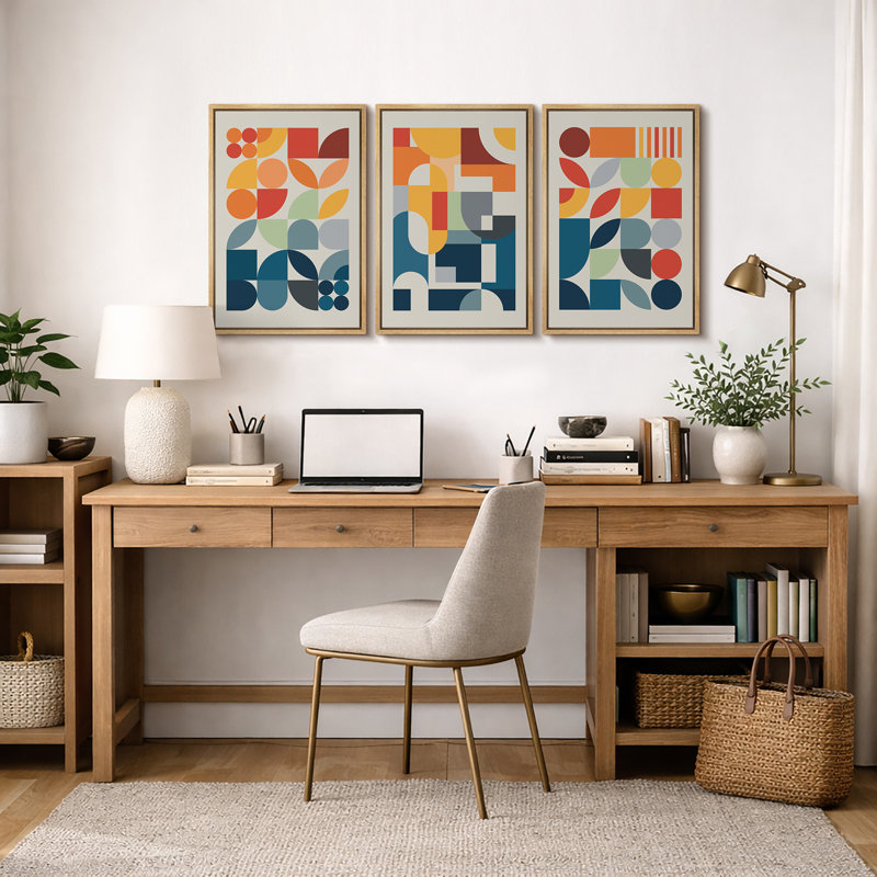 Abstract Vibrant Color Blocks "Contemporary Bold Orange Blue Abstract Artwork, Mid Century Modern Boho Pictures, 3 Pieces Canvas Giclee Digital Print Wall Art"  