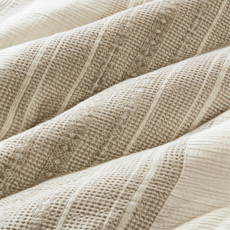 Édredon pour lit double / grand 3 pièces - couleur terre, tissage gaufré spécial, coton doux à 100%, bourre de bourre, tons d'utilisation toute l'année et motif rayé, mélange, moelleux pour les saisons, fabrication
