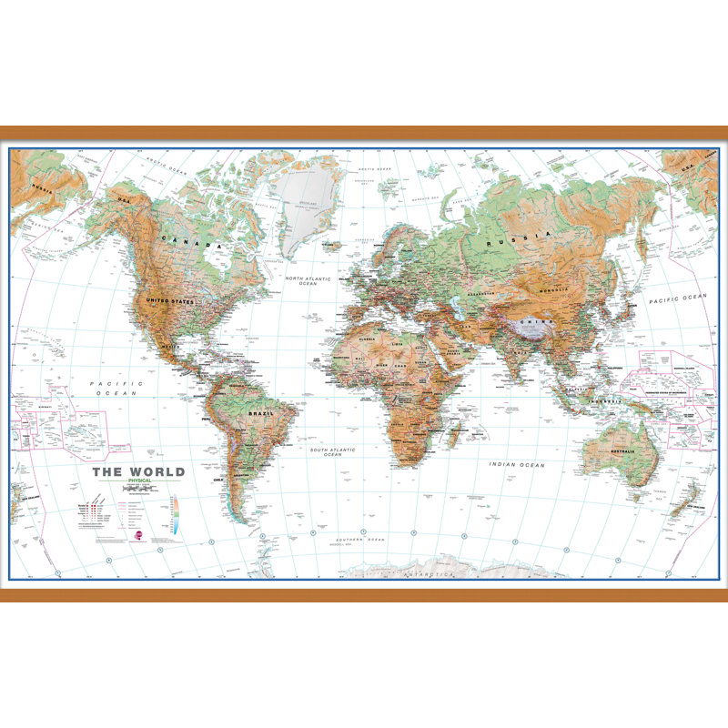 Large World Wall Map Physical White Ocean - Single Picture Frame Print on Canvas