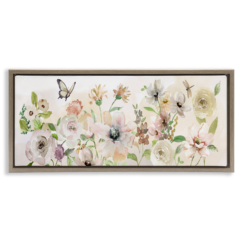«Fluttering Insect & Florals», art mural sur toile par Nan, H 11 po x l 25 po, Cadre flottant orme Montalcino