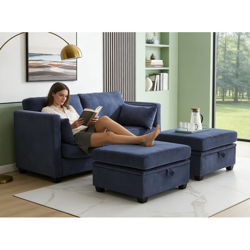 Modular 2-seater Loveseat Sofa With Storage Seats & Ottomans, Navy Blue