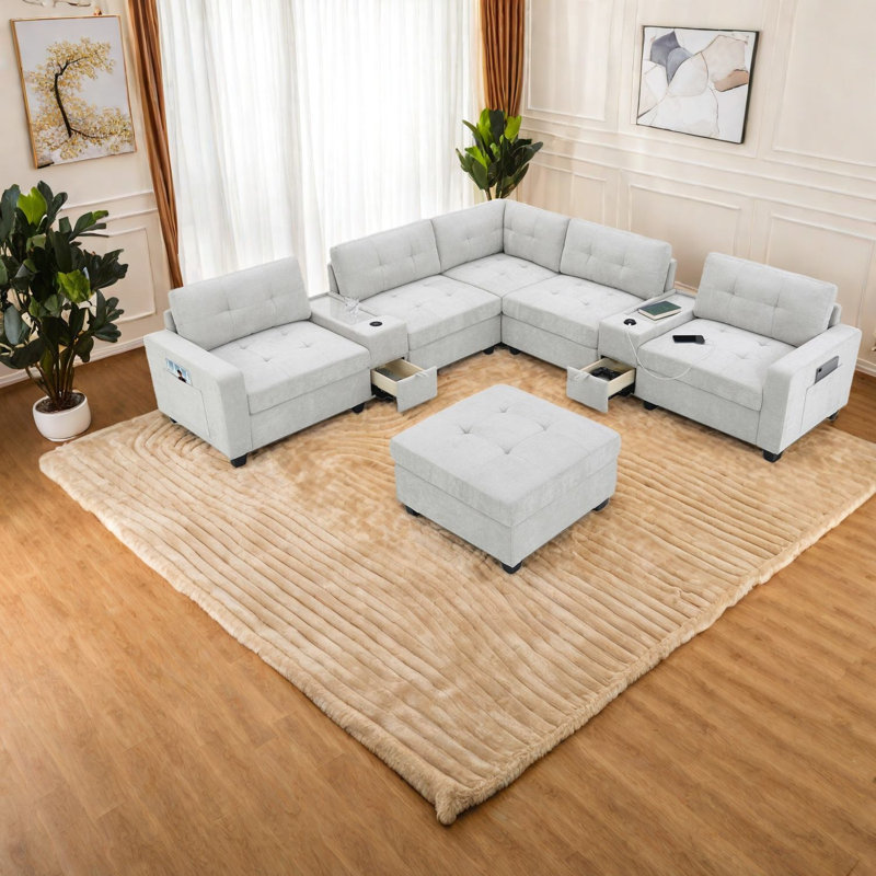 Canapé modulaire fonctionnel avec rangement, chenille gris clair, ensemble de salon moderne