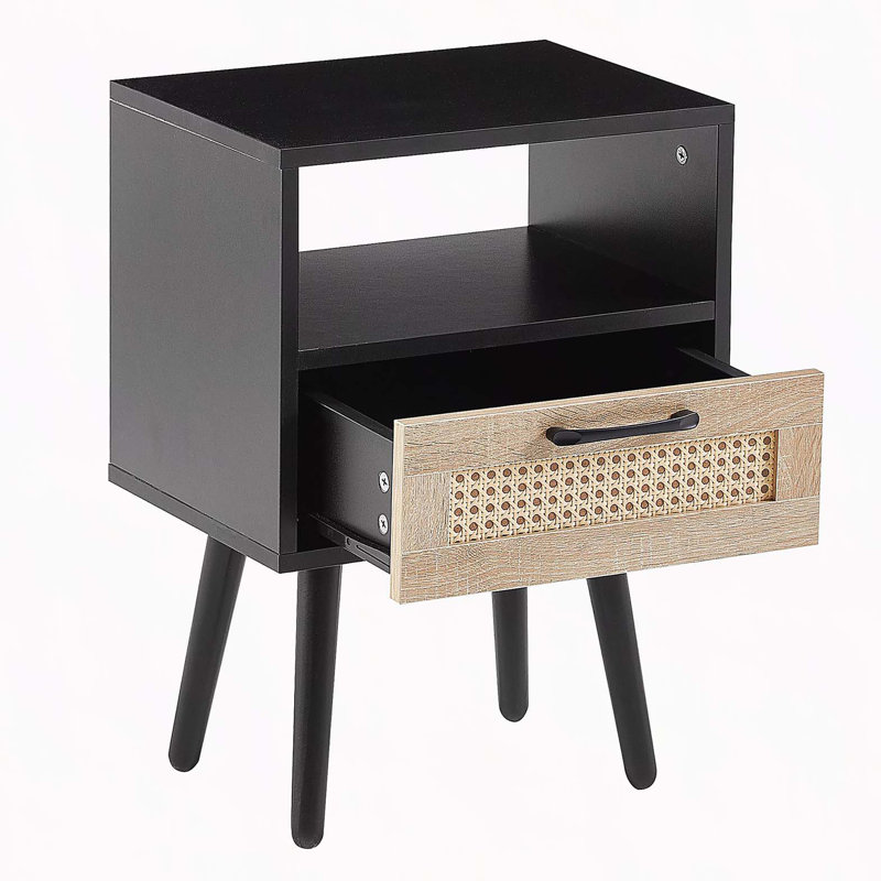 Table de bout en rotin de 15,75 po avec tiroir et pieds en bois massif, table de chevet moderne, table d'appoint pour le salon, la chambre à coucher, noir
