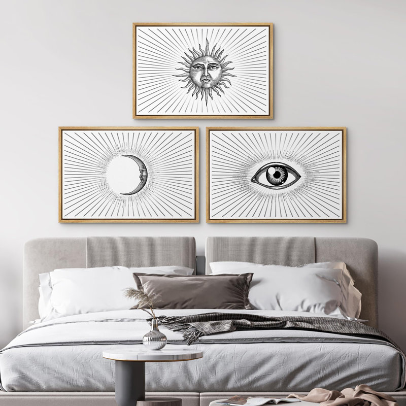 "Soleil, lune et œil avec lignes lumineuses" 3 pièces, H 24 po x l 36 po, Encadré naturel