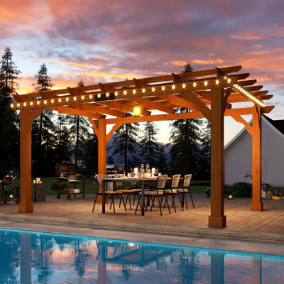  10' x 12' Cedar Pergola with Trellis Roof, Weather-Resistant Supports & Anchoring Stakes, Brown