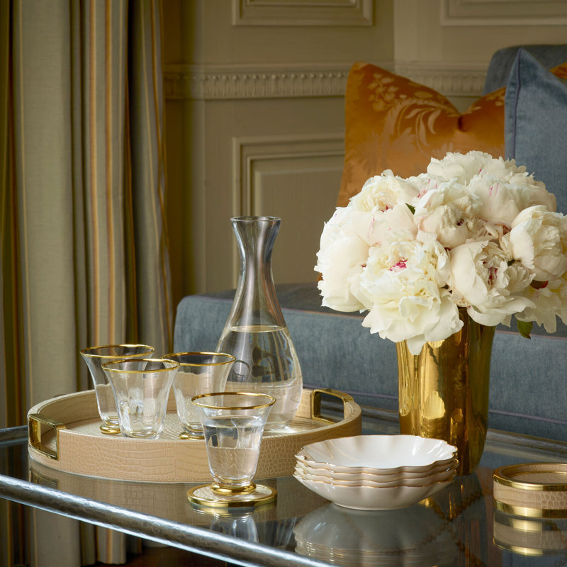 Beige Leather and Brass Round 4-Piece Coaster Set