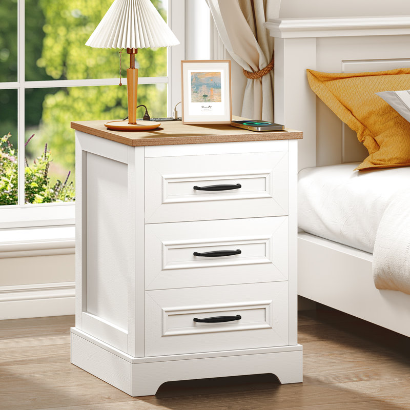 18" Farmhouse Night Stand With Charger Station, Wood Nightstand With Drawers, Bedside Table Nightstands With Storage Shelf, Rustic Side Table End Table, Night Stands For Bedroom Living Room