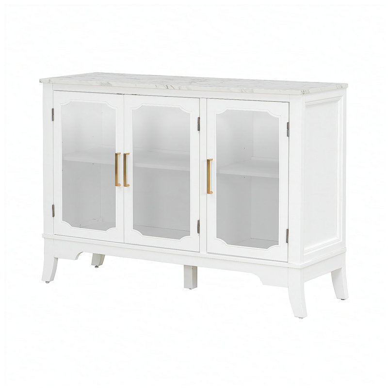 Elowen Modern Farmhouse Wood & Glass 3-Door Storage Cabinet With Adjustable Shelves, White