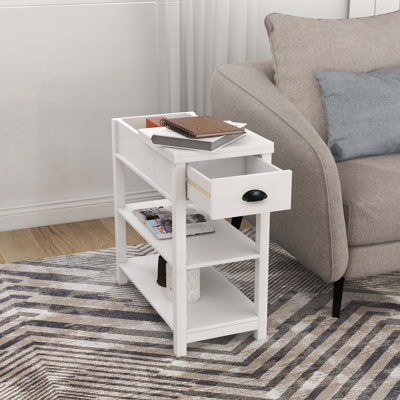 Narrow Side Table with Flip-Over Drawer and Bottom Shelf