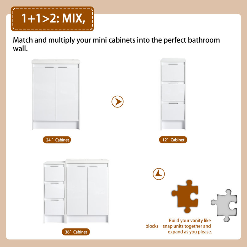 Meuble-lavabo sur pied 36 po avec lavabo en résine, 1 armoire de rangement, porte à fermeture douce et tiroir