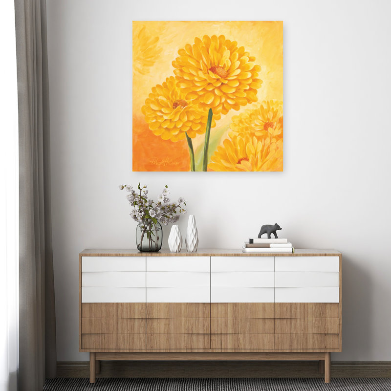 «Vibrant Yellow Blooms Vibrant Zinnia Flower Nature», art mural, 36" H x 36" W