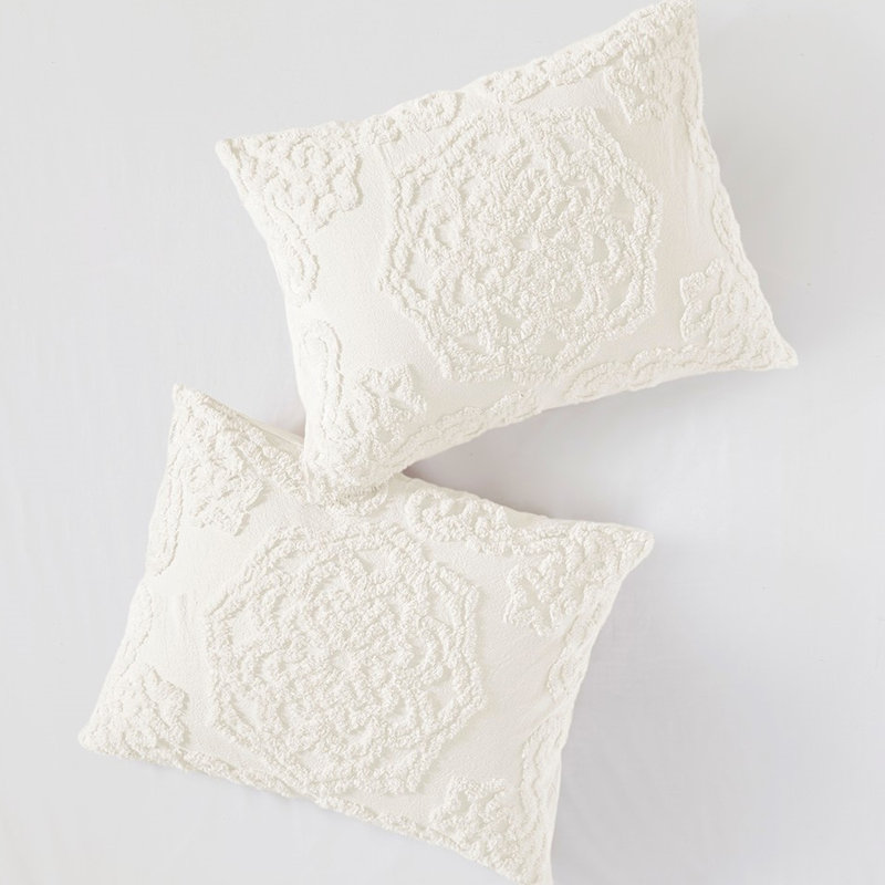 Édredon toutes saisons très grand avec médaillon en chenille de coton de beauté 3 pour chambre à coucher, Blanc cassé