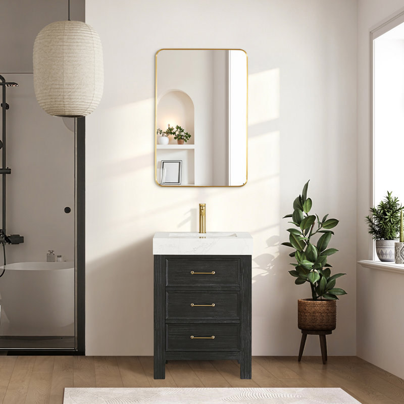  Ensemble de meuble-lavabo simple 24 "avec miroir, Blanc, Doré, Noir, noir, noir, noir