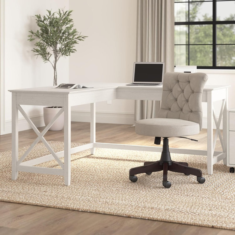 Bureau en lin en chêne blanc en forme de L - Table d'ordinateur de coin de campagne moderne de 60 pouces pour étudier ou travailler