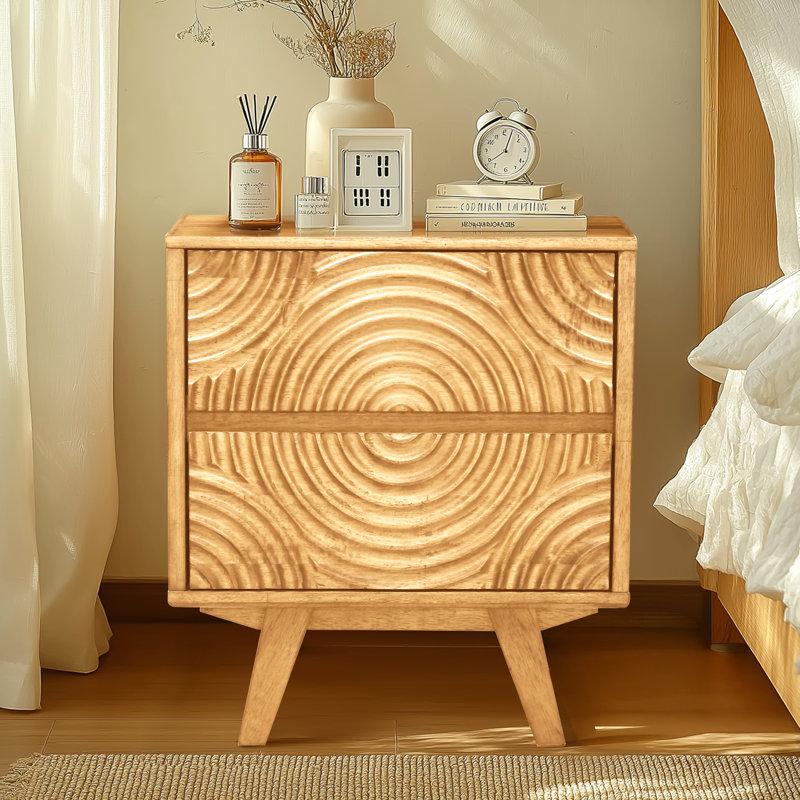 Solid Wood 2-Drawer Nightstand with Carved Front – Mid-Century Modern Bedside Table, Oak