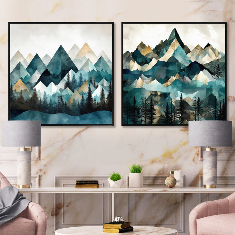 Minimalisme Winter Mountains - ensemble de 2 collages de formes abstraites carrées, Cadre flottant noir, H 16 po x l 33 po