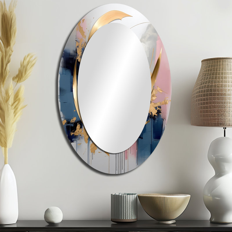 Golden Blue Abstract Whirls Of Serenity III - Abstract Oval Decorative Mirror On Metal, 36" x 24"