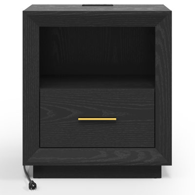 Table de chevet noire style ferme avec station de charge, table d'appoint en MDF avec tiroir, ports de recharge USB de type C, table de rangement pour chambre à coucher