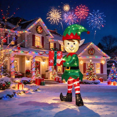 Elfe de Noël illuminé vert avec décorations de boîte-cadeau, 38 pouces de lumière pré-éclairée, décor de jardin extérieur avec lumières, pour la fête de Noël