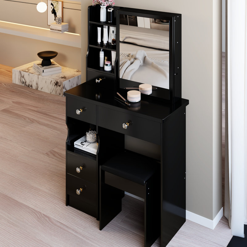 Petit - Petit meuble-lavabo à tiroirs de gauche de 29,2 po avec tabouret, très grand miroir coulissant, rangement multicouche, style américain, noir