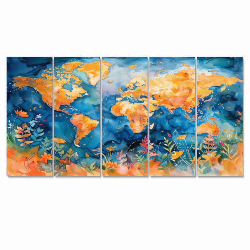 Ensemble de salon art mural orange carte du monde, 32" H x  80" W