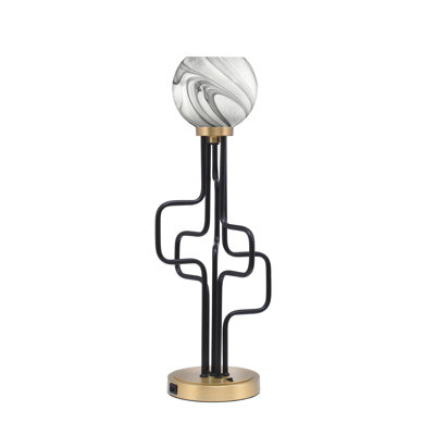 Lampe d'appoint Amarmula, avec ports USB, fini noir mat et laiton vieilli, verre tourbillon onyx de 5,75 po