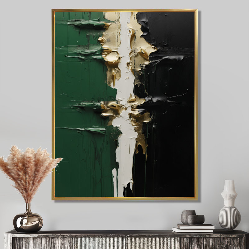 Encre dorée et encre noire II - peinture abstraite, art mural, Cadre flottant doré, H 32 po x l 16 po x P 1 po