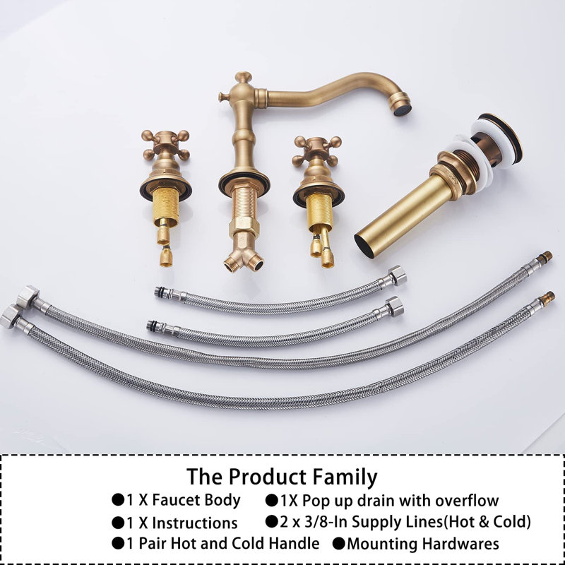 Antique Brass Widespread 2-Handle Bathroom Faucet with Drain Assembly