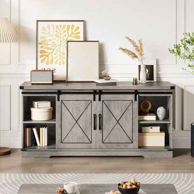 59 Inch TV Stand, Farmhouse Wood Entertainment Center with Sliding Barn Doors with Adjustable Shelves & Open Compartment