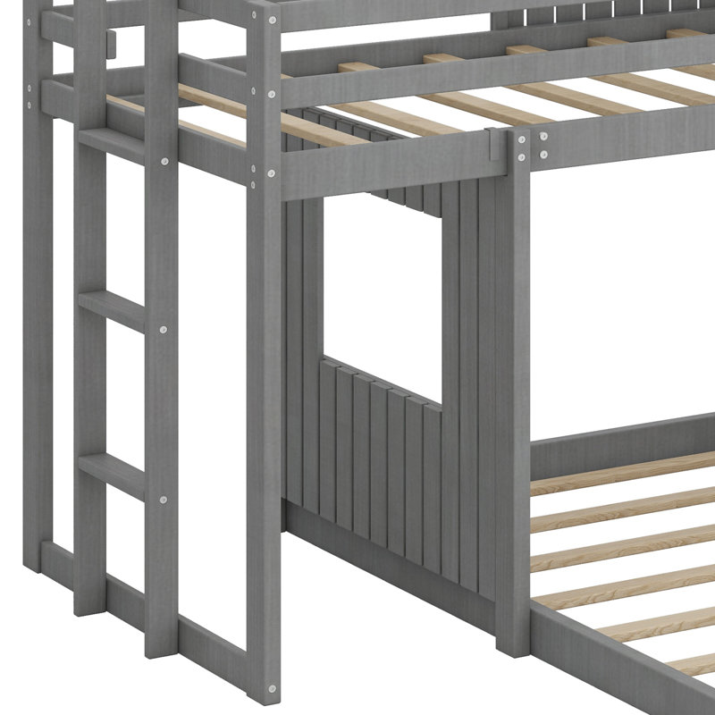 Wooden Bunk Bed, Loft Bed With Playhouse, Farmhouse, Ladder And Guardrails, Antique Gray