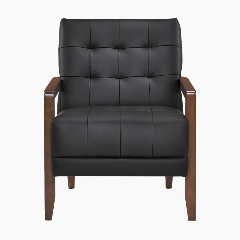 Velsen 26" Mid-Century Modern Accent Chair with Top Grain Leather, Solid Wood Arms, High-Density Foam over Pocket Coils