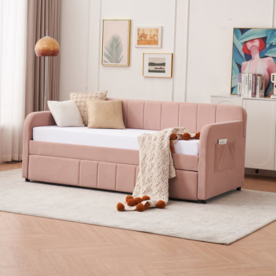 Structure de lit de jour simple rembourrée avec lit gigogne, canapé-lit simple pour chambre d'amis, support à lattes de bois, rose