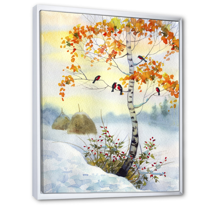 Bouvreuil sur le bouleau d'hiver - Peinture, H 20 po x l 12 po x P 1 po, Cadre flottant blanc
