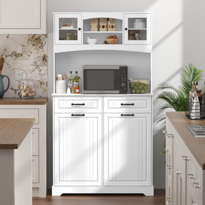 Double Tilt Out 13 Gallon Trash Can Cabinet with Deodorizing & Power Outlet, 70.9" Tall Freestanding Kitchen Pantry Cabinet with 2 Drawers, Adjustable Shelves & Hidden Recycling Bin for Kitchen(Not Include Trash Can)
