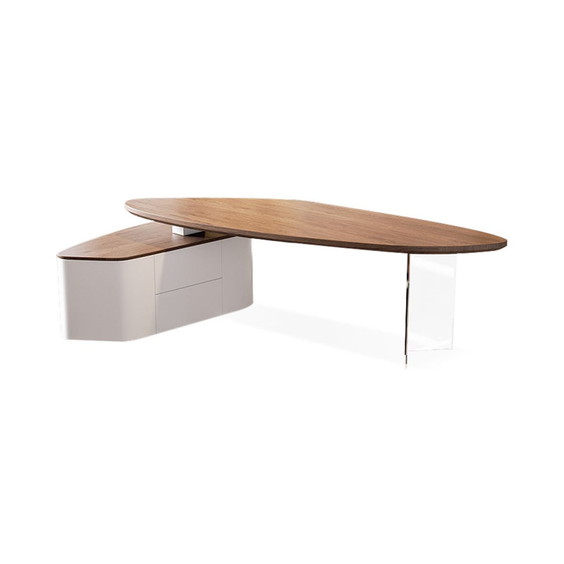 Bureau à 2 tiroirs brun noisette + blanc-uni de forme libre + bois manufacturé + acrylique, Retour à gauche