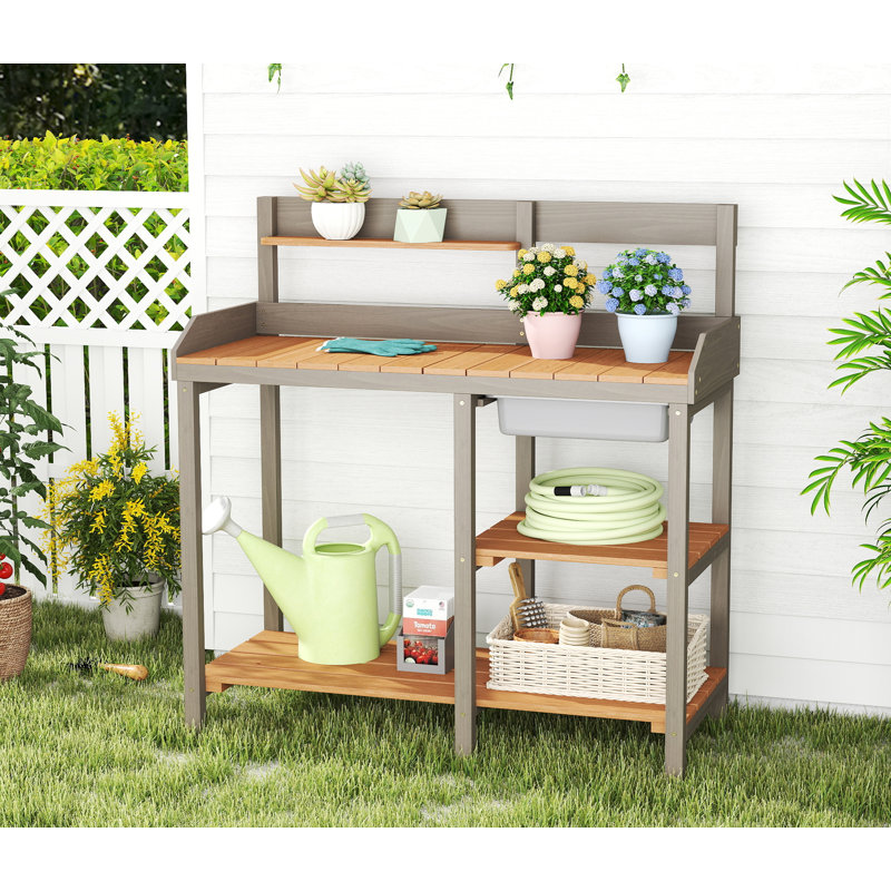 Wooden Outdoor Potting Bench with Sink, Garden Workstation Table with Open Shelves for Patio, Backyard & Garden