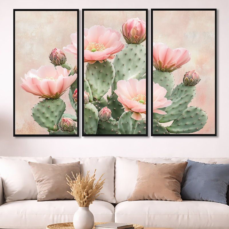 «Blush Cactus Desert Bloom II - Green Botanical», ensemble de 3 reproductions sur toile encadrées, H 40 po x l 60 po