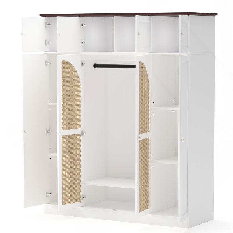 Armoire-penderie 8 portes de 180 cm de hauteur avec tringle et portes en rotin, blanche