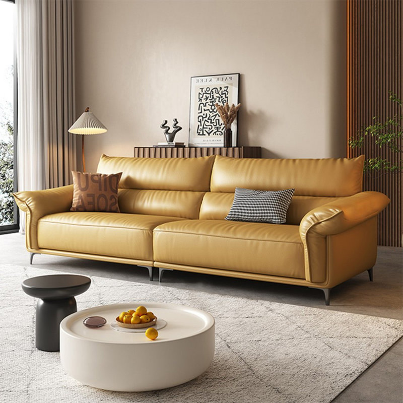 Canapé modulaire jaune en cuir véritable, Jaune, 37.4" H x 98.43" W x 39.37" D