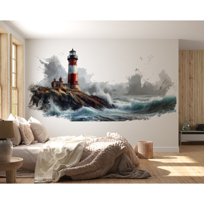 Autocollant mural phare, autocollant mural vague océanique, décoration murale nautique côtière, décoration de maison de plage, fresque murale phare de bord de mer 705MV