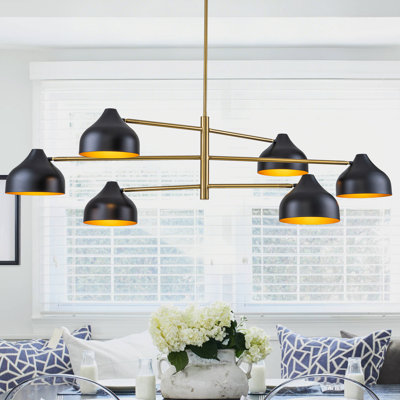 Mid-Century Modern 6-Light Chandelier Adjustable Rotatable Shades Black And Brass Finish 55" Wide Dining Room Lighting