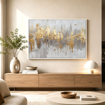 Stone & Gilt Abstract Canvas Wall Art with Floating Frame, Ready to Hang