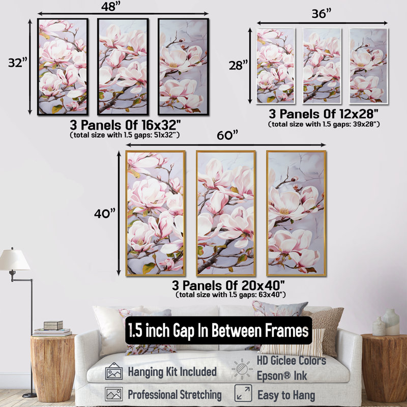 Ensemble de salon art mural fleurs roses et magnolias roses, Cadre flottant blanc, H 28 po x l 36 po x P 1 po