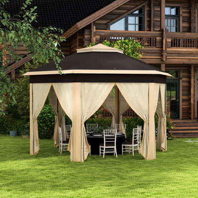 13.3' X Hexagonal Pop Up Gazebo, Beige Canopy. Steel Frame For Patio, Backyard, Garden, Wedding, Party, 6 Zippered Mesh Netting, Easy To Carry