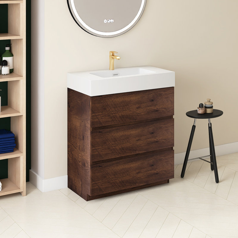 Romen 29.9'' Single Bathroom Vanity with Quartz Top, White, Walnut
