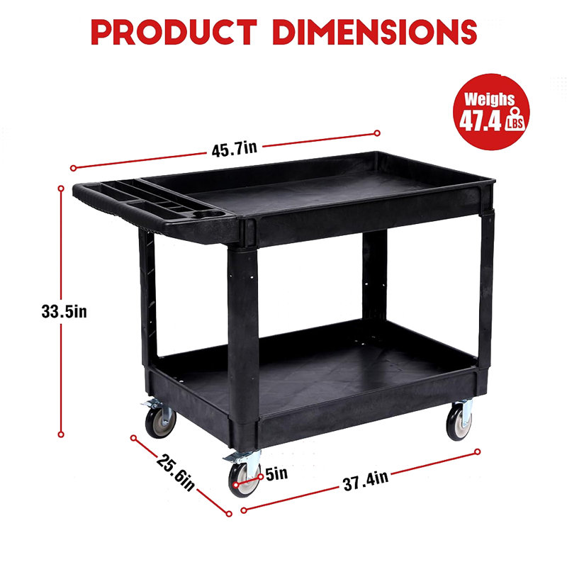 Chariot utilitaire à 2 niveaux avec roues, chariot roulant en acier robuste de 330 lb avec 2 tablettes, rangement pour outils pour le garage, l'atelier, l'entrepôt et l'utilisation commerciale