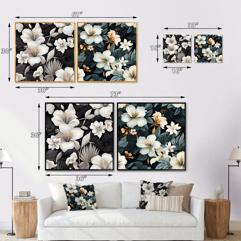 Bowdon - Ensemble de 2 collages floraux carrés, Cadre flottant noir, H 36 po x l 73 po